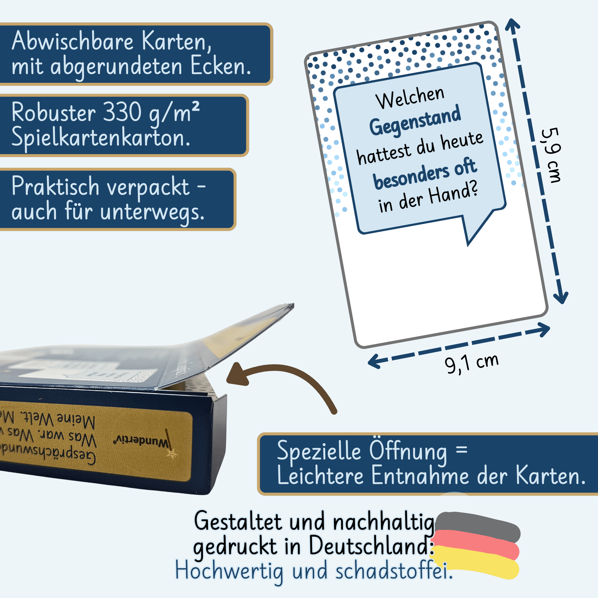 Details zu Material und Maßen. Die abwischbaren, robusten 330 g/m² Spielkarten (9,1 x 5,9 cm) sind mit abgerundeten Ecken versehen. Die Verpackung ist praktisch für unterwegs und hat eine spezielle Öffnung. Gedruckt in Deutschland.