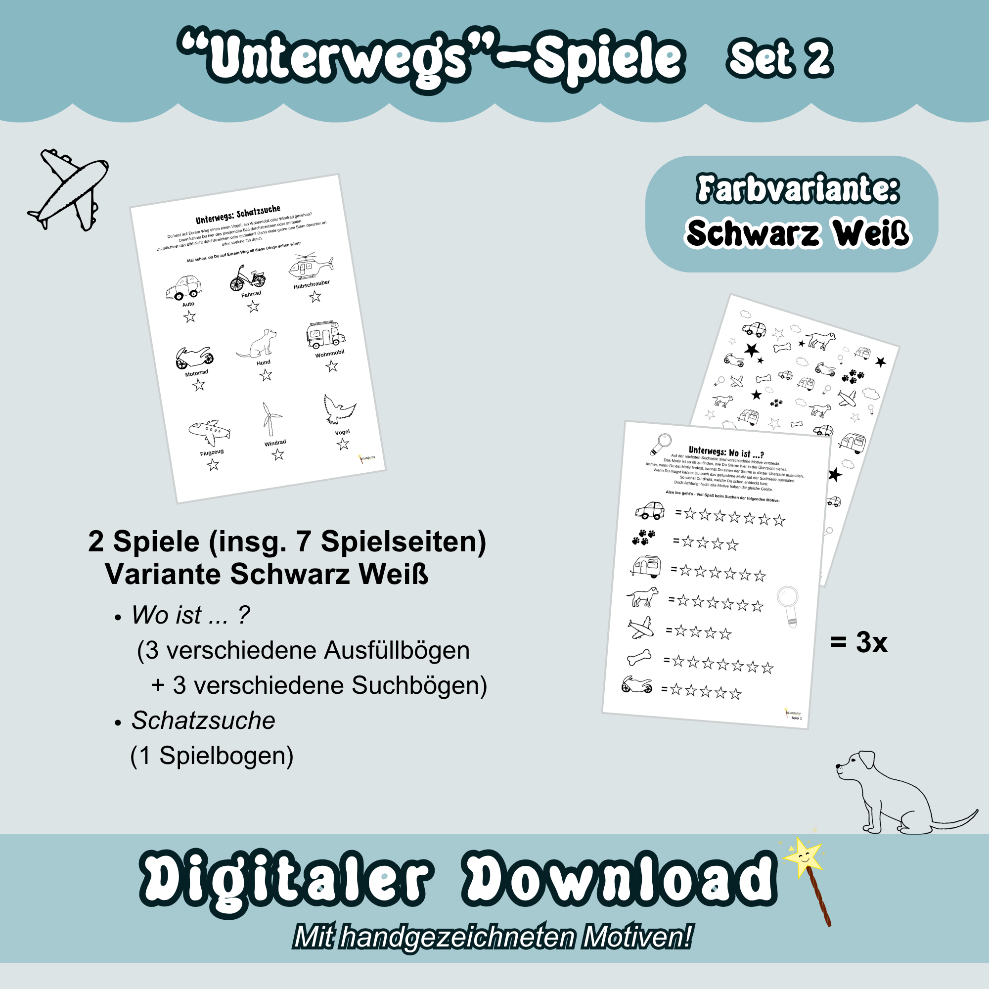 Übersichtsbild zum Spiele-Set 2 zum Thema "Unterwegs" - Überblick in Schwarz Weiß: Alle schwarz weißen Spielbögen von Set 2 sind auf blauem Hintergrund zu sehen. Dazu sind Inhaltsangaben zu den enthaltenen Spielen aufgezeigt.