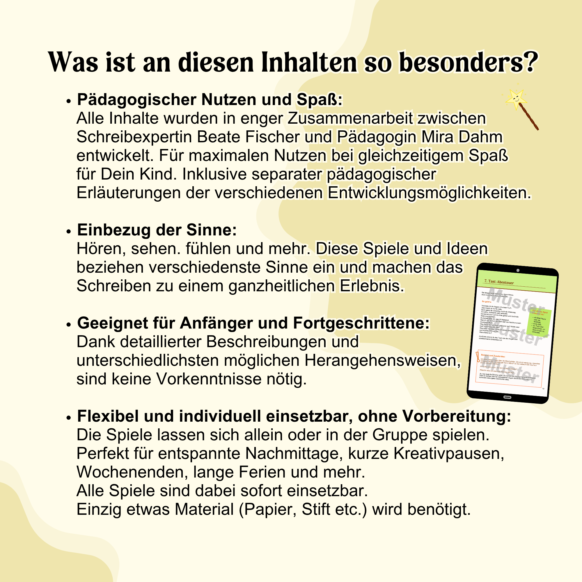 Besonderheiten der Schreibspiele und -ideen "Wörterwunder und Wunderwörter" Übersicht der Besonderheiten des "Wörterwunder" Lernspiels, darunter pädagogischer Nutzen und Spaß, Einbeziehung der Sinne, Eignung für Anfänger und Fortgeschrittene, sowie flexible und individuelle Einsetzbarkeit ohne Vorbereitung. Ein Smartphone zeigt e