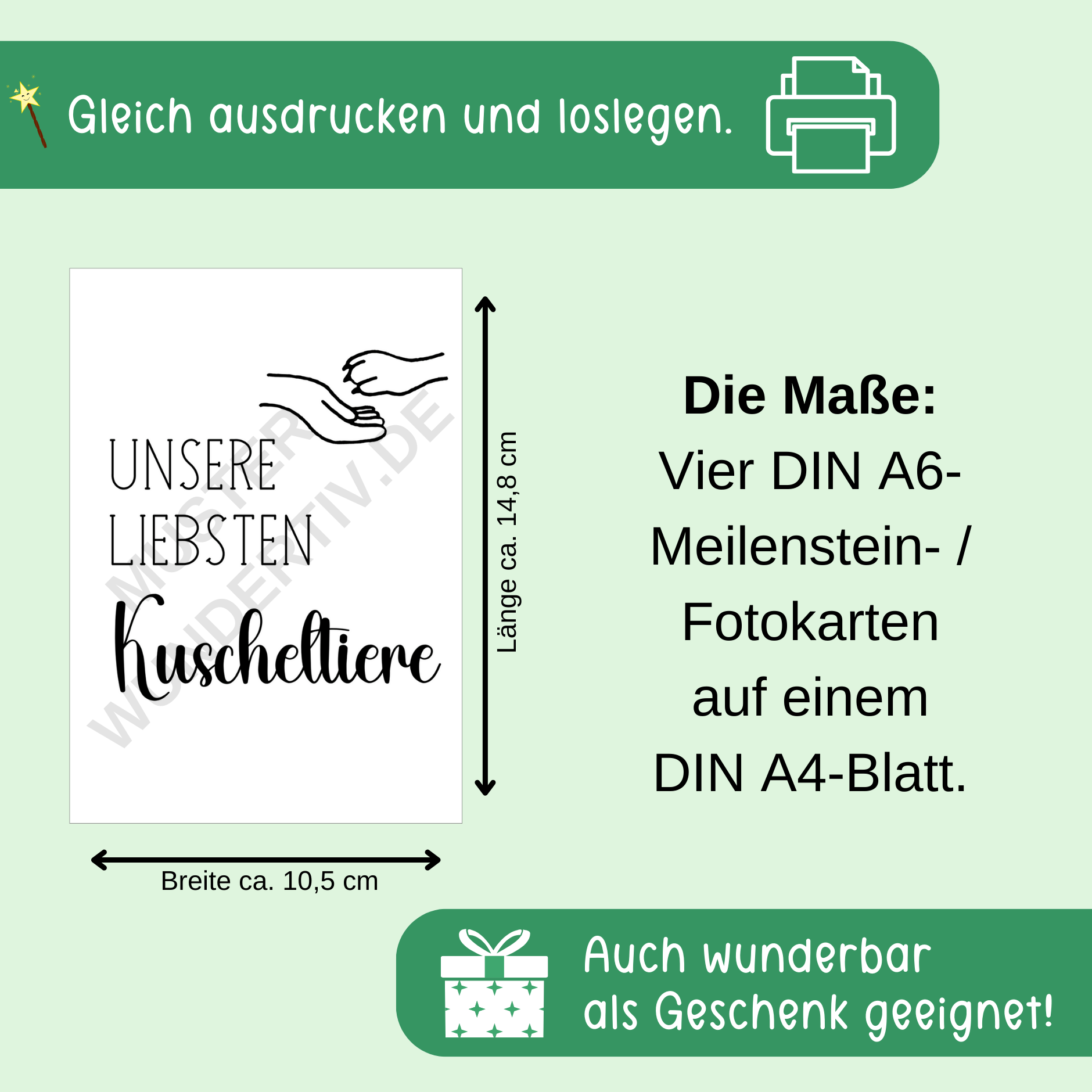 Hinweisbild zu den Wundertiv Meilenstein- und Fotokarten Baby / Kind und Hund: Motiv Pfote in Hand. Hinweis, zu den Maßen und Größen der Karten.