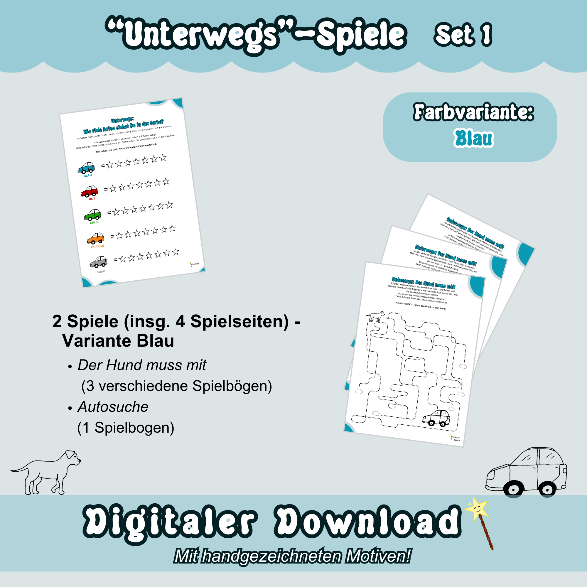 Übersichtsbild zum Spiele-Set 1 zum Thema "Unterwegs" - Überblick in Blau: Alle blauen Spielbögen von Set 1 sind auf blauem Hintergrund zu sehen. Dazu sind Inhaltsangaben zu den enthaltenen Spielen aufgezeigt.
