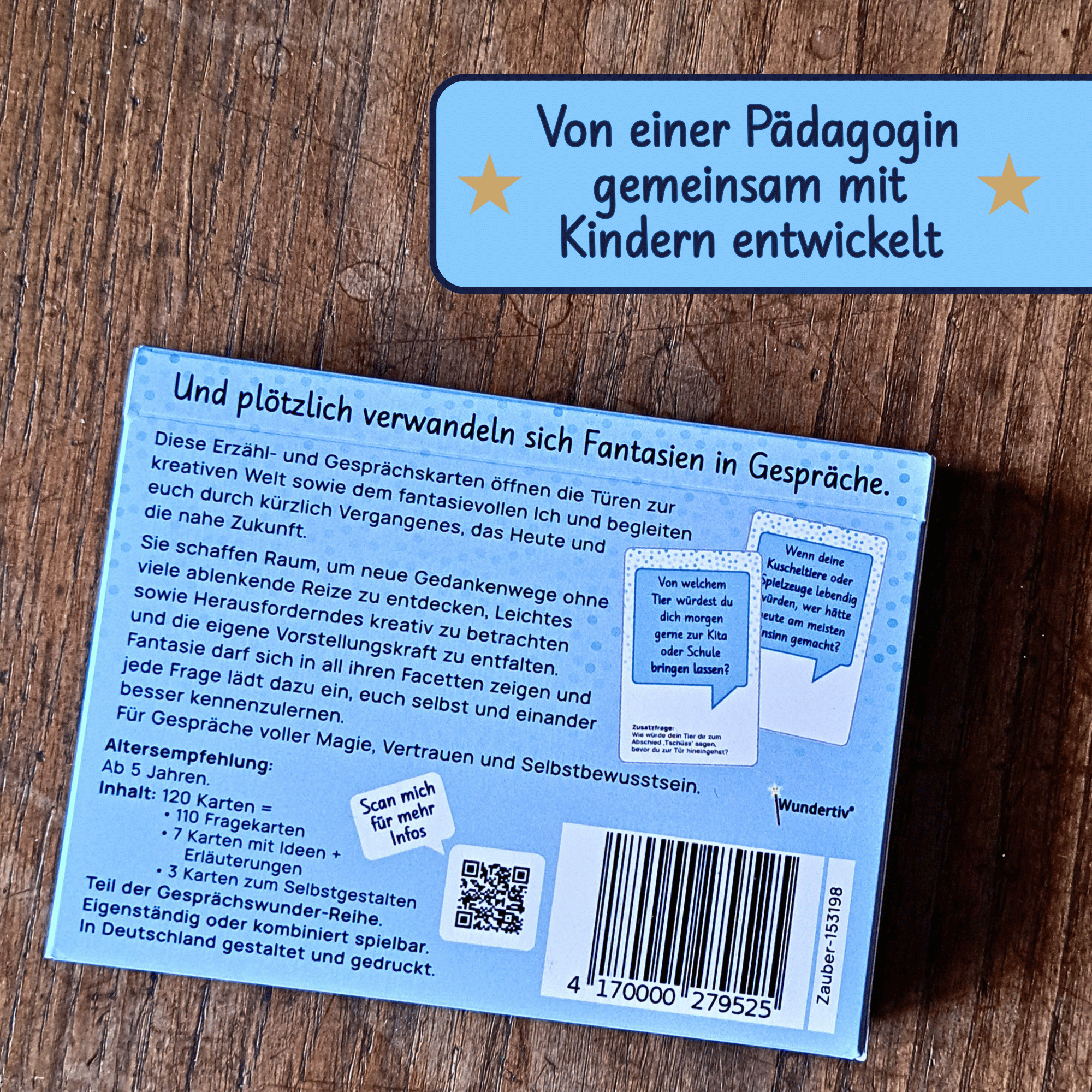 Rückseite der hellblauen Verpackung des 2. Gesprächswunder-Sets zeigt u.a. die Altersempfehlung (ab 5 Jahren), Kurzbeschreibung und den Inhalt von 120 Karten. Ein Banner hebt hervor, dass das Set von einer Pädagogin gemeinsam mit Kindern entwickelt wurde.