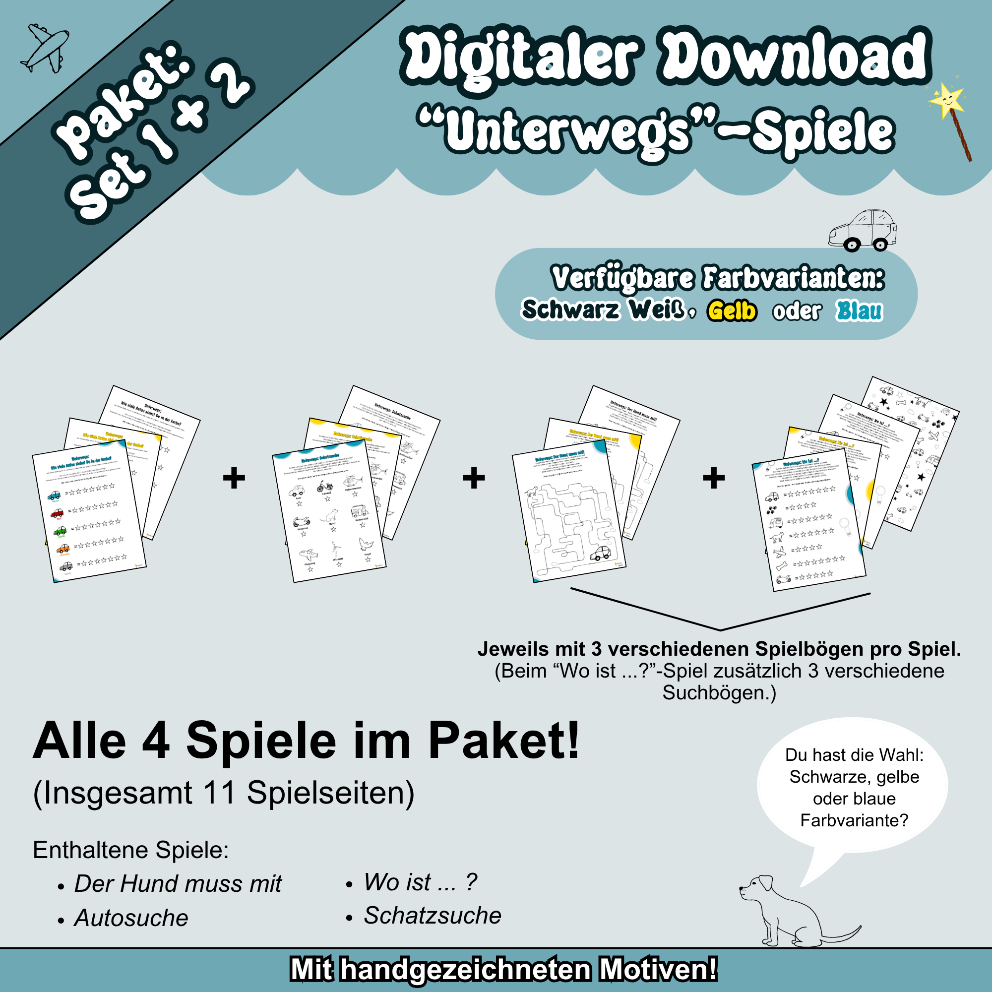 Unterwegs-Spiele für Kinder: Digitales Reisespiel-Paket mit 11 Spielseiten als PDF-Download Vorschau des digitalen Kinder-Spielpakets ‚Unterwegs-Spiele‘ mit 4 Spielideen und 11 Seiten als PDF-Download. Enthalten: Autosuche, Schatzsuche, Der Hund muss mit, Wo ist ...? In 3 Farbvarianten: Schwarz-Weiß, Gelb oder Blau.