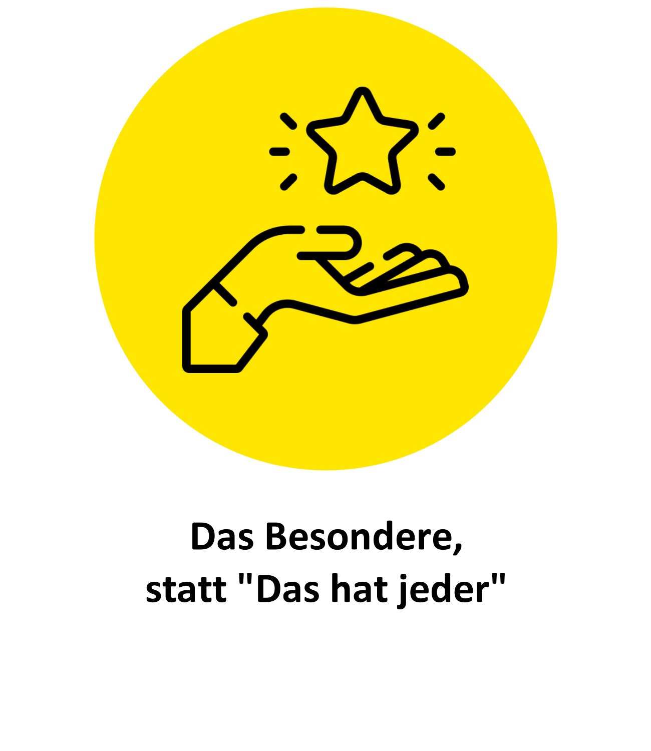 Gelber Kreis mit einer Hand die einen leuchtenden Stern symbolisch hochhält in der Mitte. Darunter stehen die Worte: Das Besondere statt das hat jeder