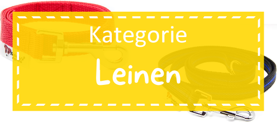 Kategoriebild Leinen Zwei Leinen in verschiedenen Farben liegen auf weißem Hintergrund. Darüber ist ein leicht transparenter blauer Kasten gelegt auf dem mit weißer Schrift "Kategorie Leinen" steht