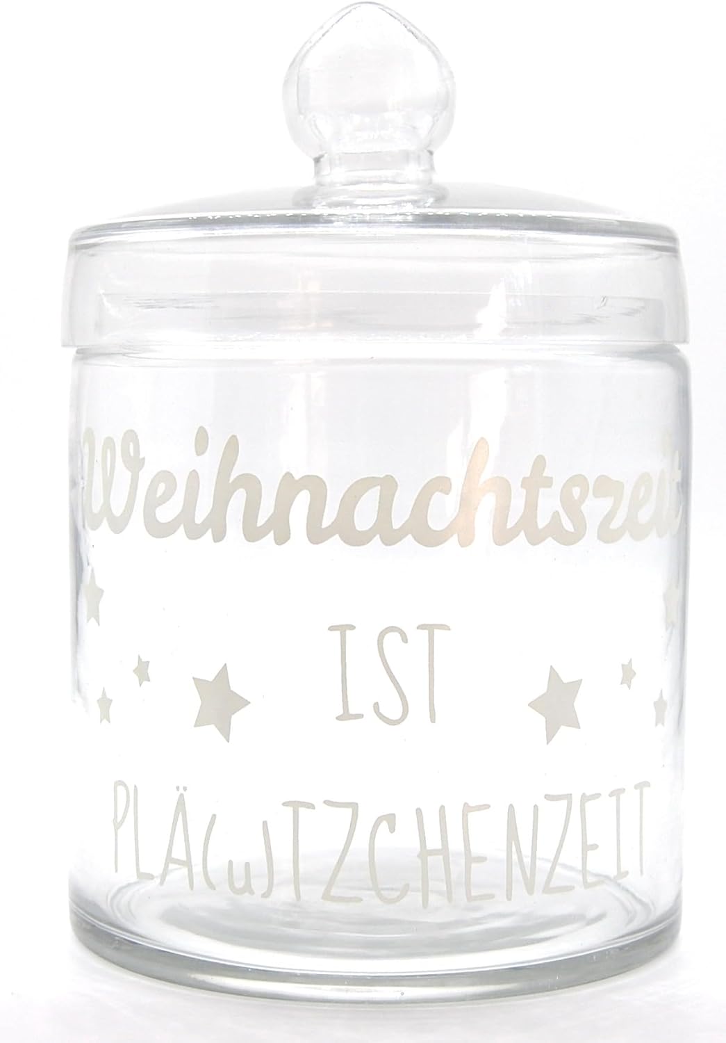 Vorderansicht der glasklaren Plätzchendose von Exner mit dem weißen Schriftzug "Weihnachtszeit ist (Plä(u)tzchenzeit".