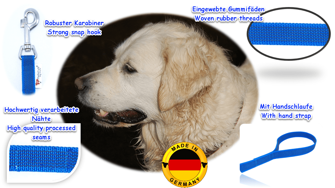 Vorteile Twinkys Dog Style Schleppleine blau gummiert mit Handschlaufe Bild von hellem Hund in der Mitte. Um ihn herum Auflistung von Bildern und Schrift mit Vorteilen von blau gummierter Schleppleine mit Handschlaufe.