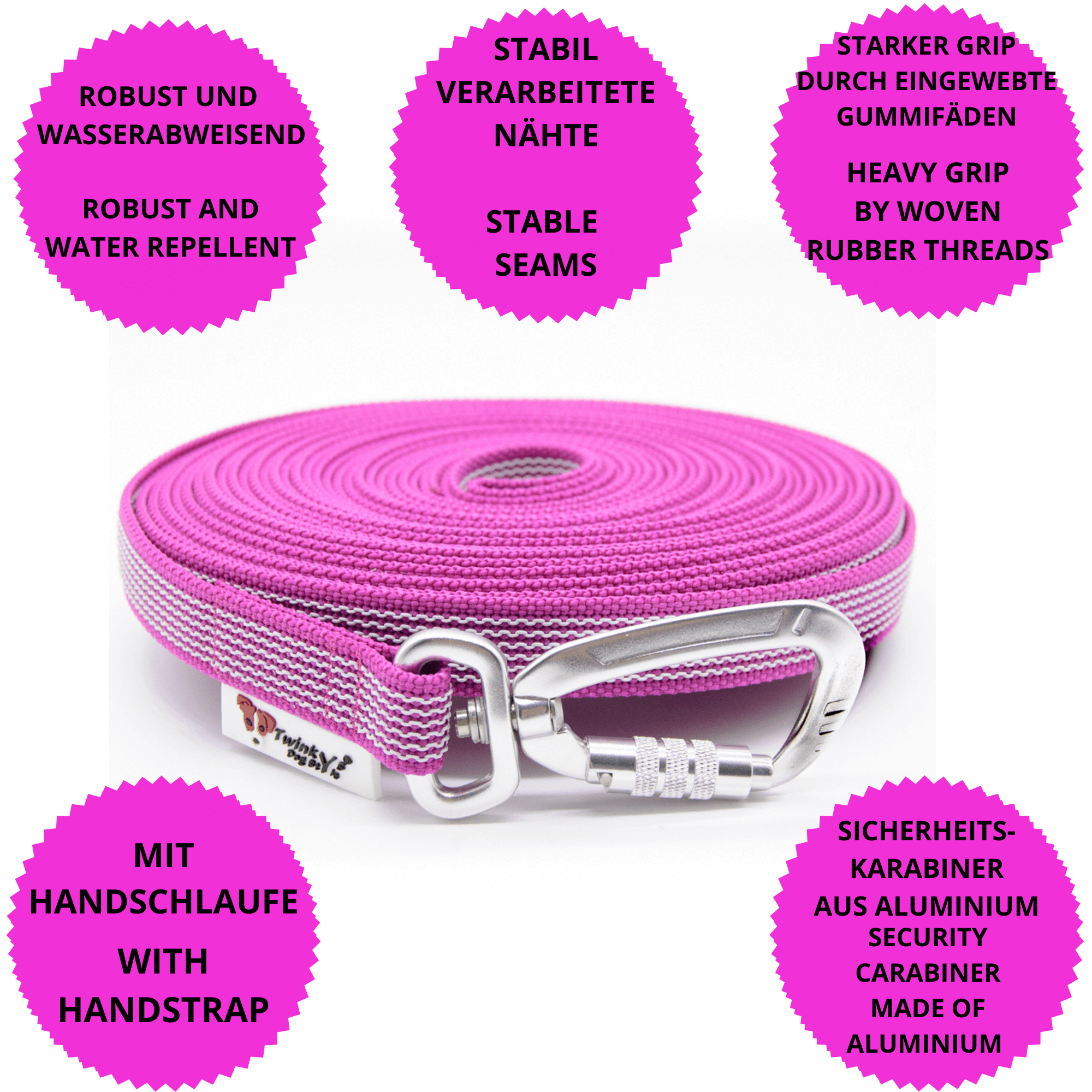 Pink gummierte Schleppleine mit Sicherheitskarabiner liegt aufgerollt auf weißem Hintergrund. Drumherum sind Punkte mit Vorteilen von pink gummierten Schleppleine mit Sicherheitskarabiner und Handschlaufe zu finden
