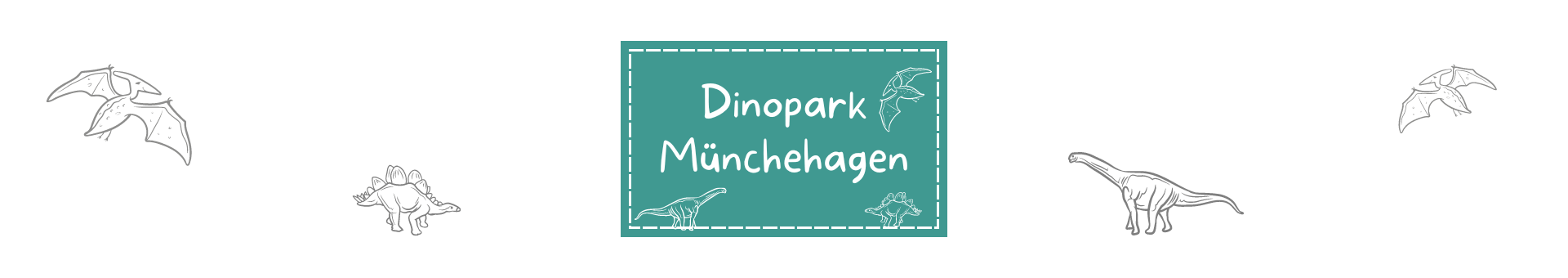 Titelbild zum Datenbankeintrag Dinopark Müchehagen Türkis Rechteckt mit gestrichelter weißer Umrandung etwas vom Rand entfernt. Darauf mit weißer Schrift "Dinopark Münchehagen". Drumherum Symbole die zu Ausflugsziel passen.