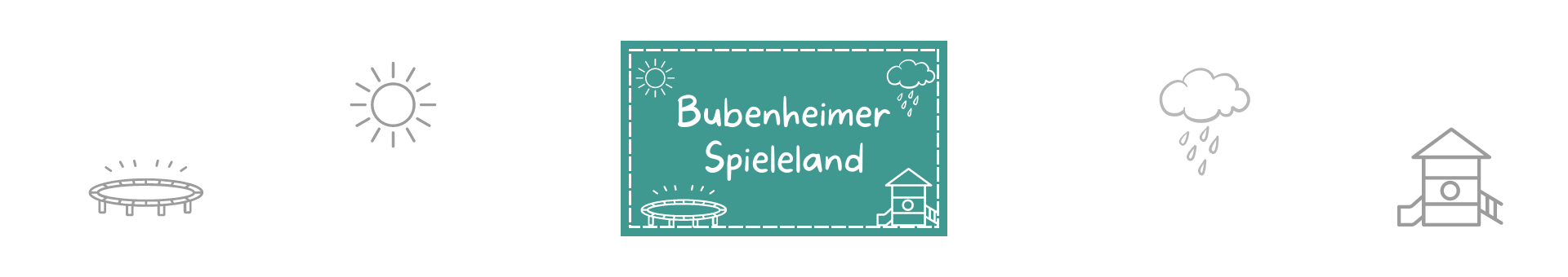 Titelbild vom Datenbankeintrag zum Bubenheimer Spieleland Türkis Rechteckt mit gestrichelter weißer Umrandung etwas vom Rand entfernt. Darauf mit weißer Schrift "Bubenheimer Spieleland". Drumherum Symbole die zu Ausflugsziel passen.