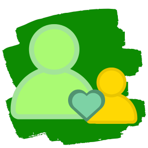Brush-Icon Entwicklungs- und Erziehungsberatung Wundertiv, Mira Dahm Ein grünes und ein kleineres orange-gelbes Icon-Männchen, die mit einem türkis-blauen Herz verbunden sind. Im Hintergrund ist eine grüne Fläche wie angemalt. - Icon für die Erziehungs- und Entwicklungsberatung