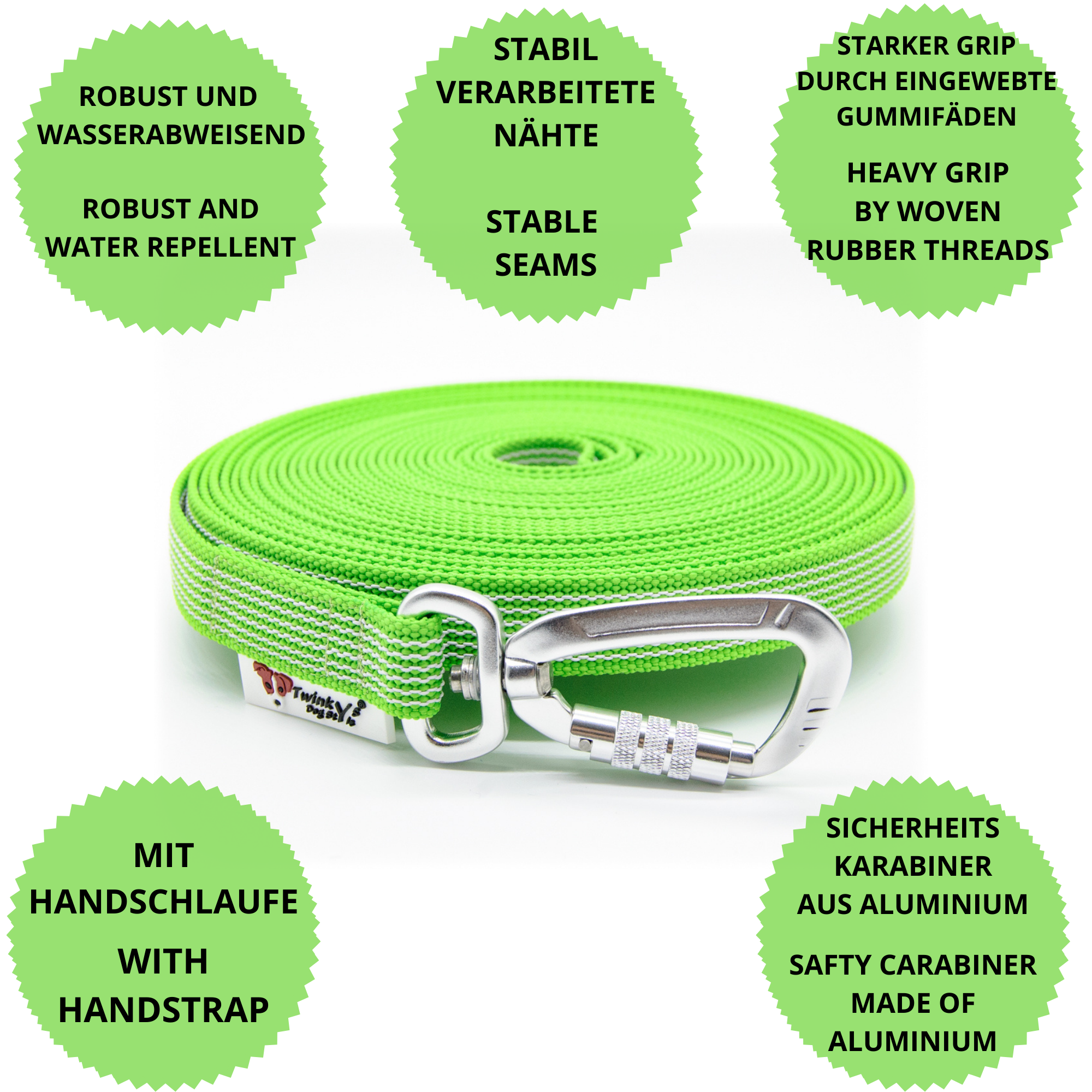 Vorteile Twinkys Dog Style Schleppleine hellgrün gummiert mit Sicherheitskarabiner und mit Handschlaufe Hellgrüne gummierte Schleppleine mit Sicherheitskarabiner liegt aufgerollt auf weißem Hintergrund. Drumherum sind Punkte mit Vorteilen von hellgrüner gummierten Schleppleine mit Sicherheitskarabiner und Handschlaufe zu finden