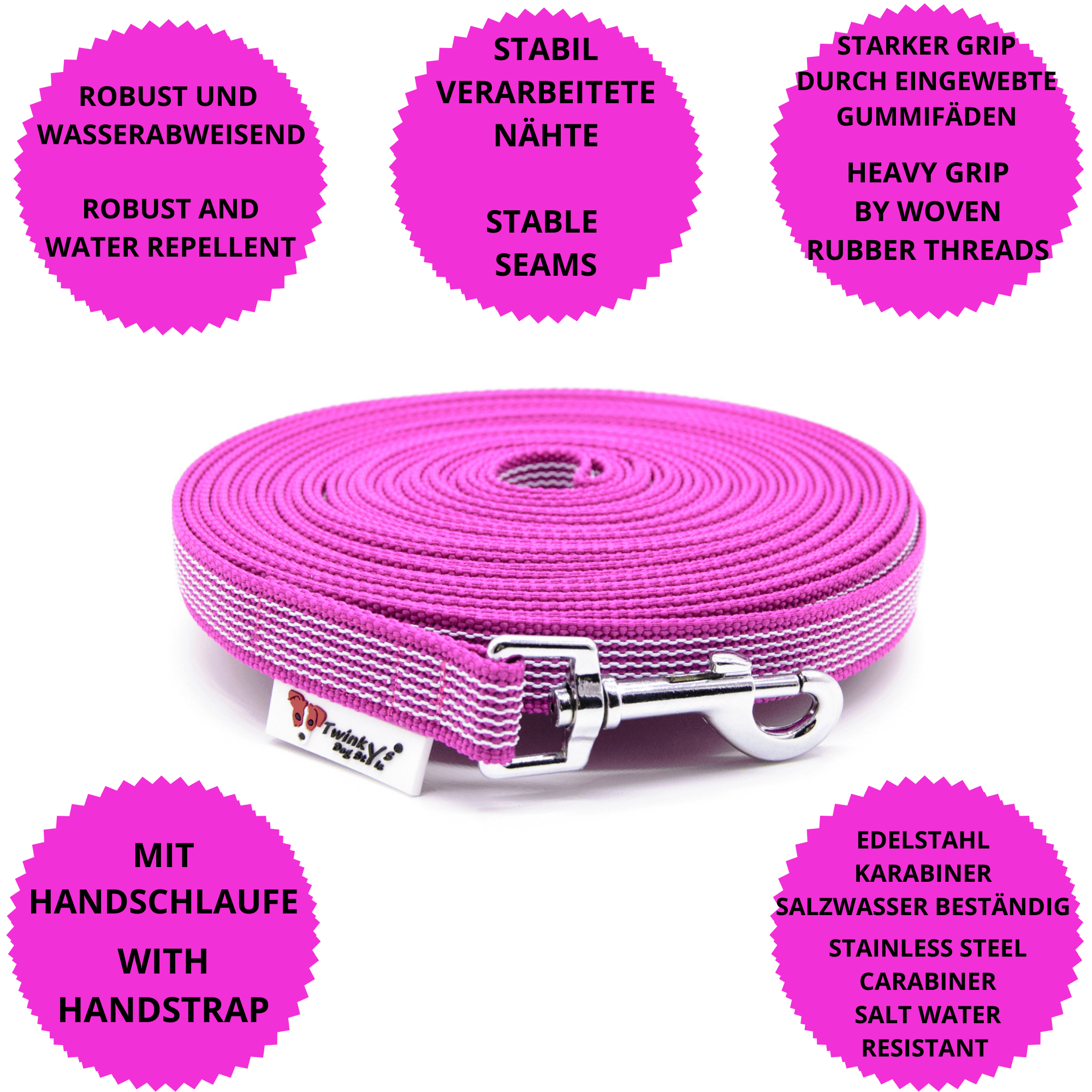 Pink gummierte Schleppleine liegt aufgerollt auf weißem Hintergrund. Drumherum sind Punkte mit Vorteilen dieser Schleppleine mit Edelstahlkarabiner und Handschlaufe zu sehen.