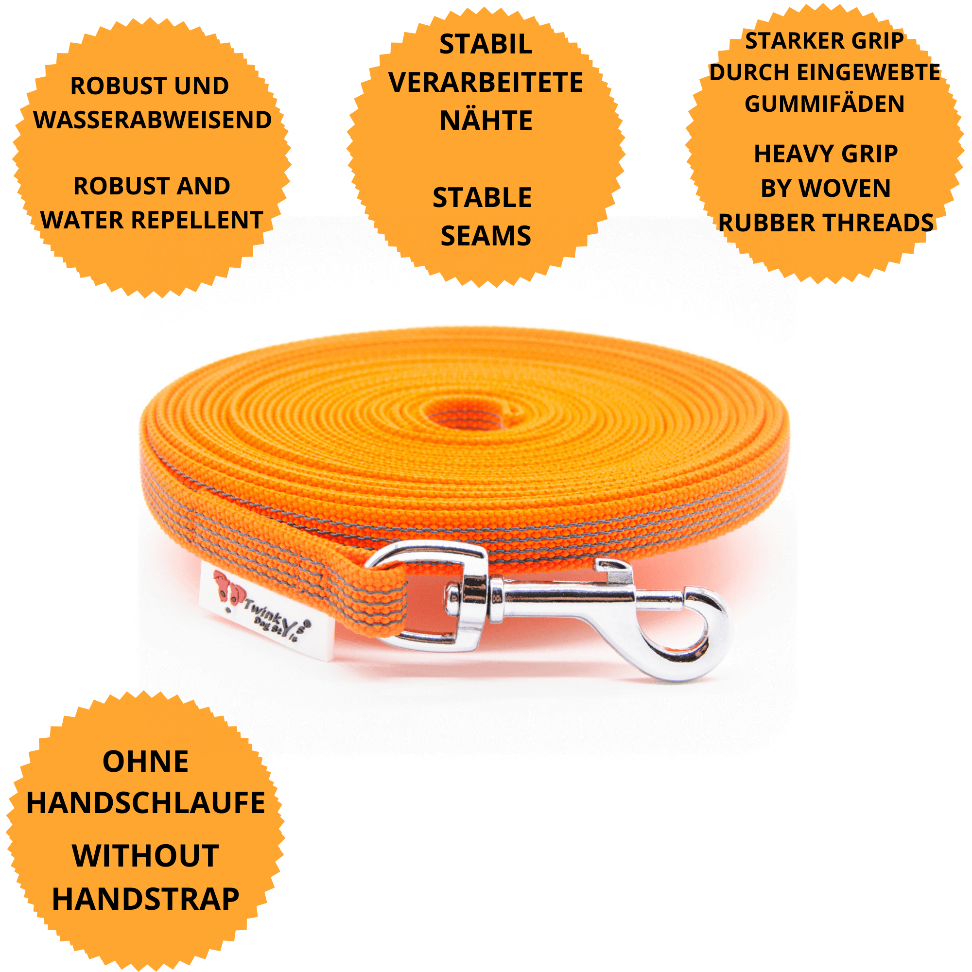 Orange gummierte 15 mm breite Schleppleine liegt aufgerollt auf weißem Hintergrund. Drumherum sind Punkte mit Vorteilen dieser Schleppleine mit Zinkdruckgusskarabiner, ohne Handschlaufe
