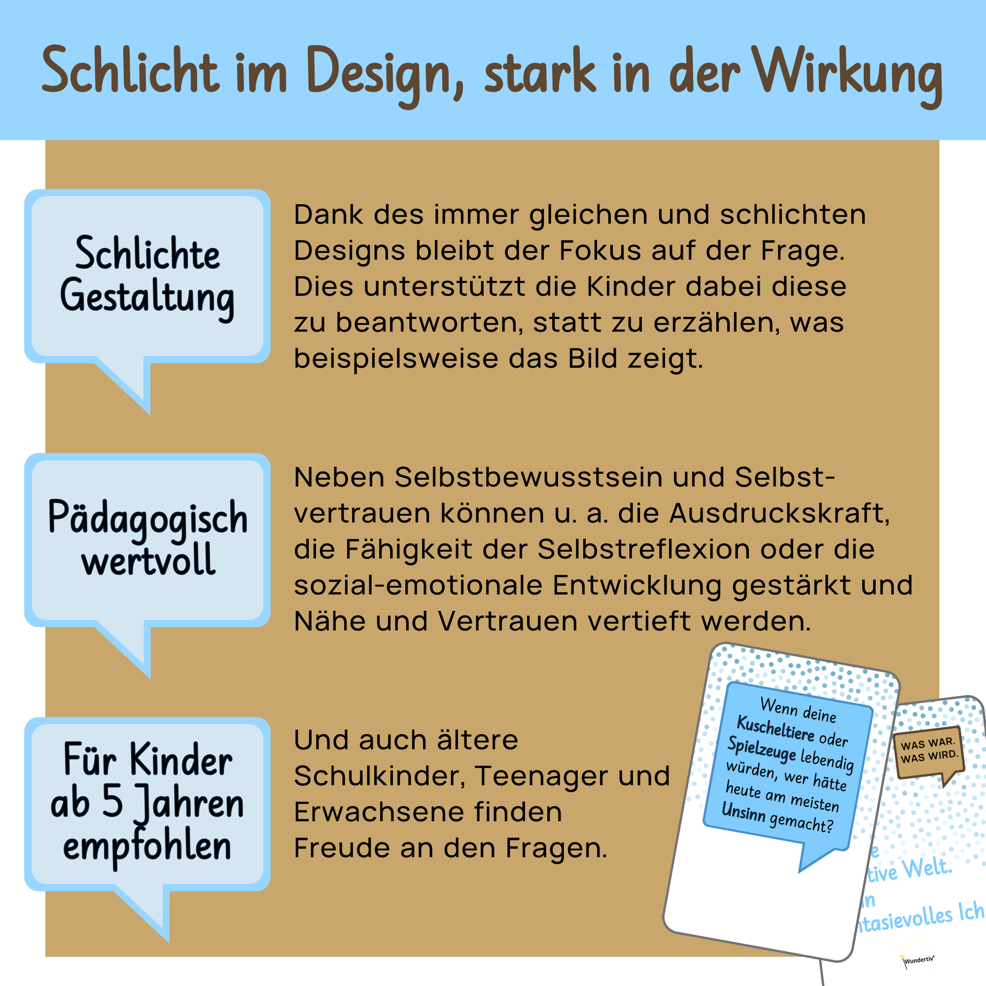 Grafik zum schlichten Design der Karten, das den Fokus auf die Fragen lenkt. Sie sind pädagogisch wertvoll und für Kinder ab 5 Jahren bis hin zu Erwachsenen empfohlen.