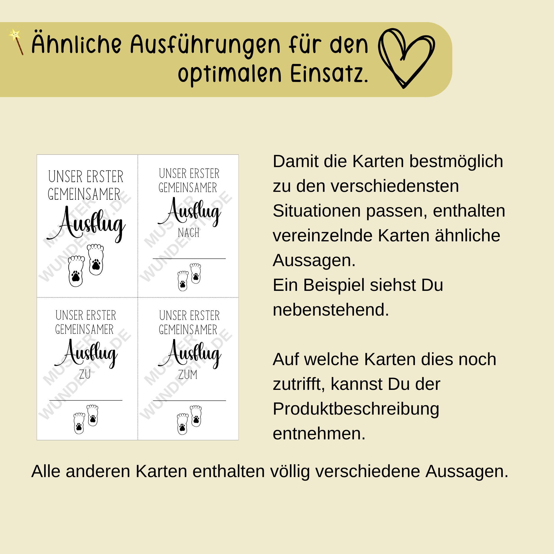 Hinweisbild zu den Wundertiv Meilenstein- und Fotokarten Baby / Kind und Hund: Motiv Gemeinsame Schritte. Hinweis, dass sich einige Karten ähneln.
