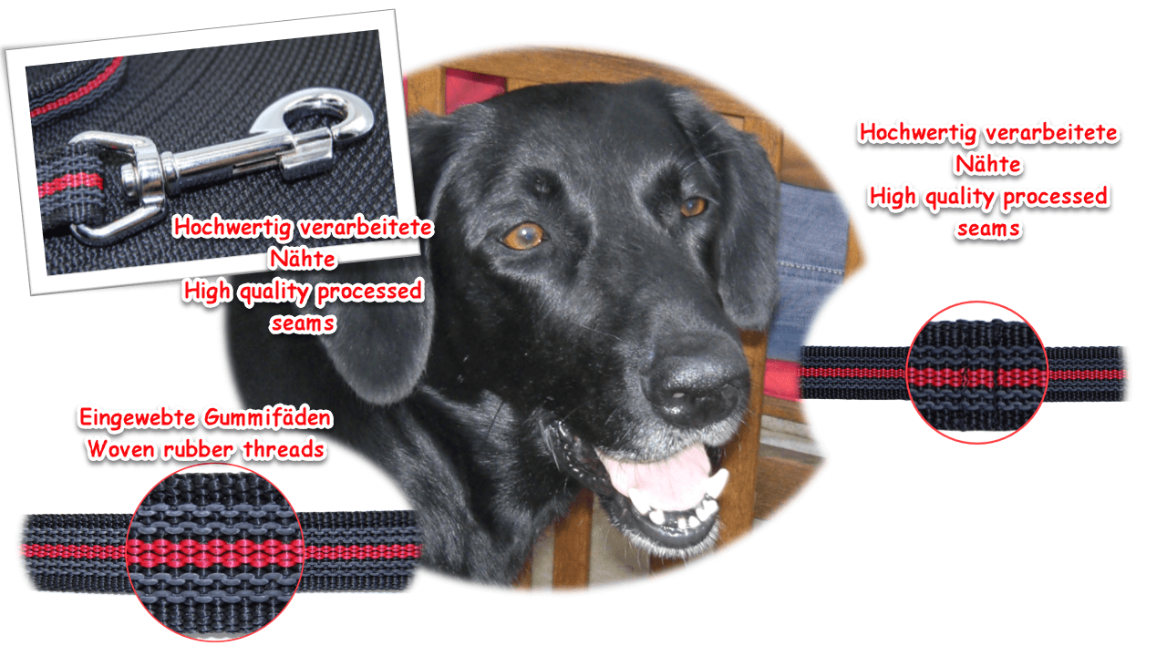 Vorteile Twinkys Dog Style Schleppleine schwarz rot ohne Handschlaufe Bild von schwarzem Hund in der Mitte. Um ihn herum Auflistung von Bildern und Schrift mit Vorteilen von schwarz roter Schleppleine ohne Handschlaufe.