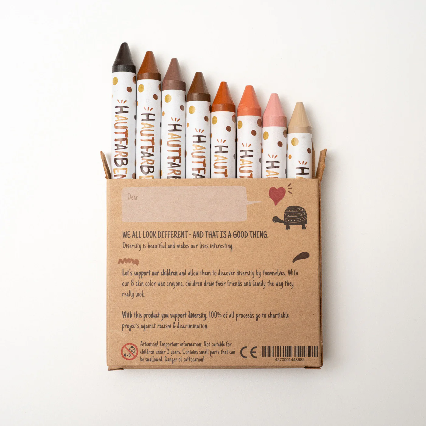 Englische Verpackung der Hautfarben-Wachsmalstifte mit hervorstehenden Stiften - Fotografiert von Oben auf liegende Wachsmalstiften Eine einzelne englischsprachige Packung der Hautfarben Wachsmalstifte auf weißem Hintergrund. Aus der Verpackung ragen die Stifte etwas heraus. Aufgenommen von Oben auf die liegende Packung