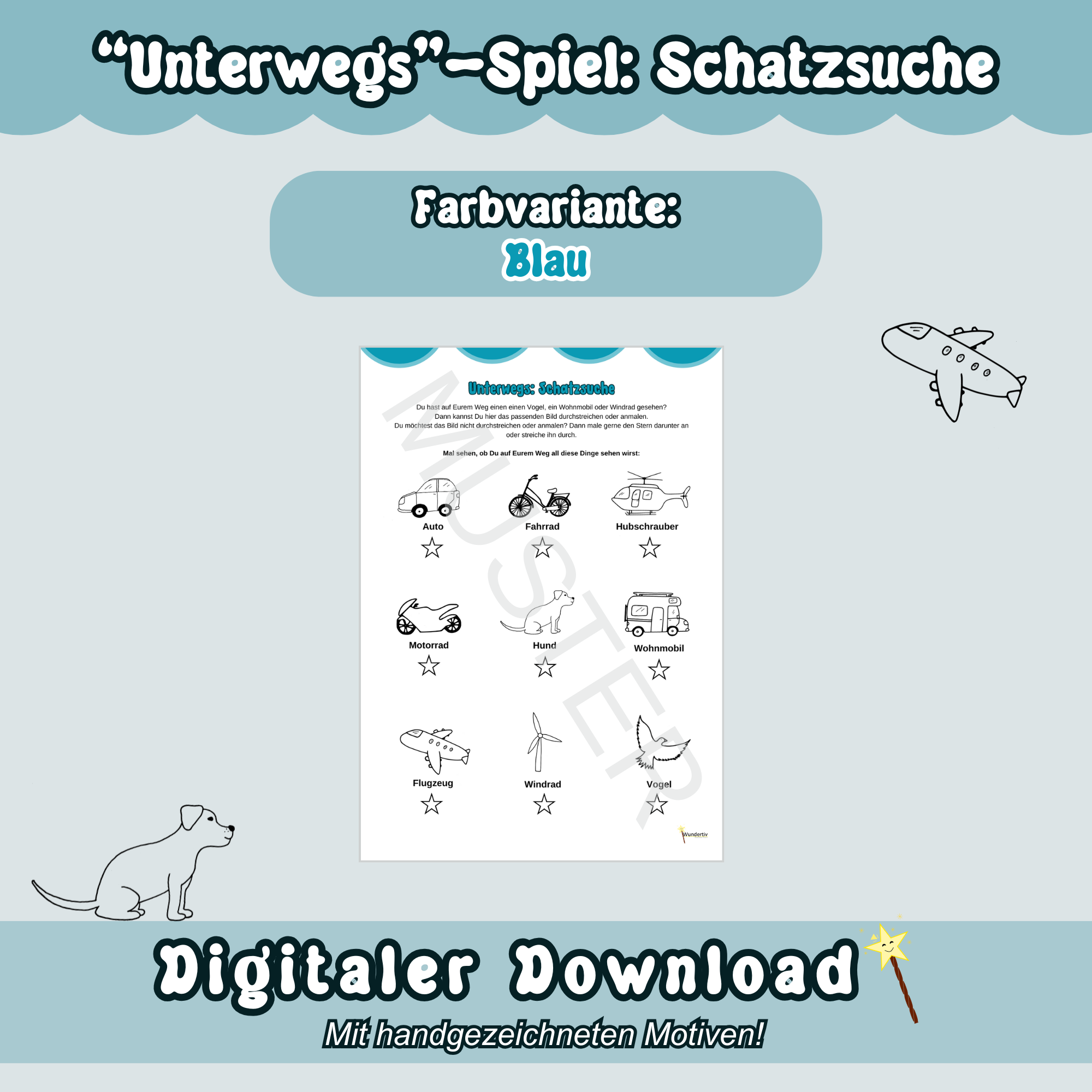 Musterbild zum Spiel "Schatzsuche" mit blauen Highlights: Der Spielbogen ist hier auf blauem Hintergrund zu sehen. Überschrift "Unterwegs-Spiel: Schatzsuche". Unten steht "Digitaler Download".