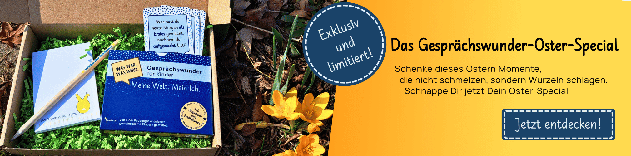 Oster-Special 2026 | Gesprächskarten, Hasen-Block + Motivations-Bleistift von Wundertiv Banner zum Oster-Special 2026 von Wundertiv: Gesprächswunder- Hasen-Popo-Block und Samenbleistift. Inklusive Foto des Sets im Versandkarton mit grünem Deko-Gras. Daneben gelbe Krokusse.