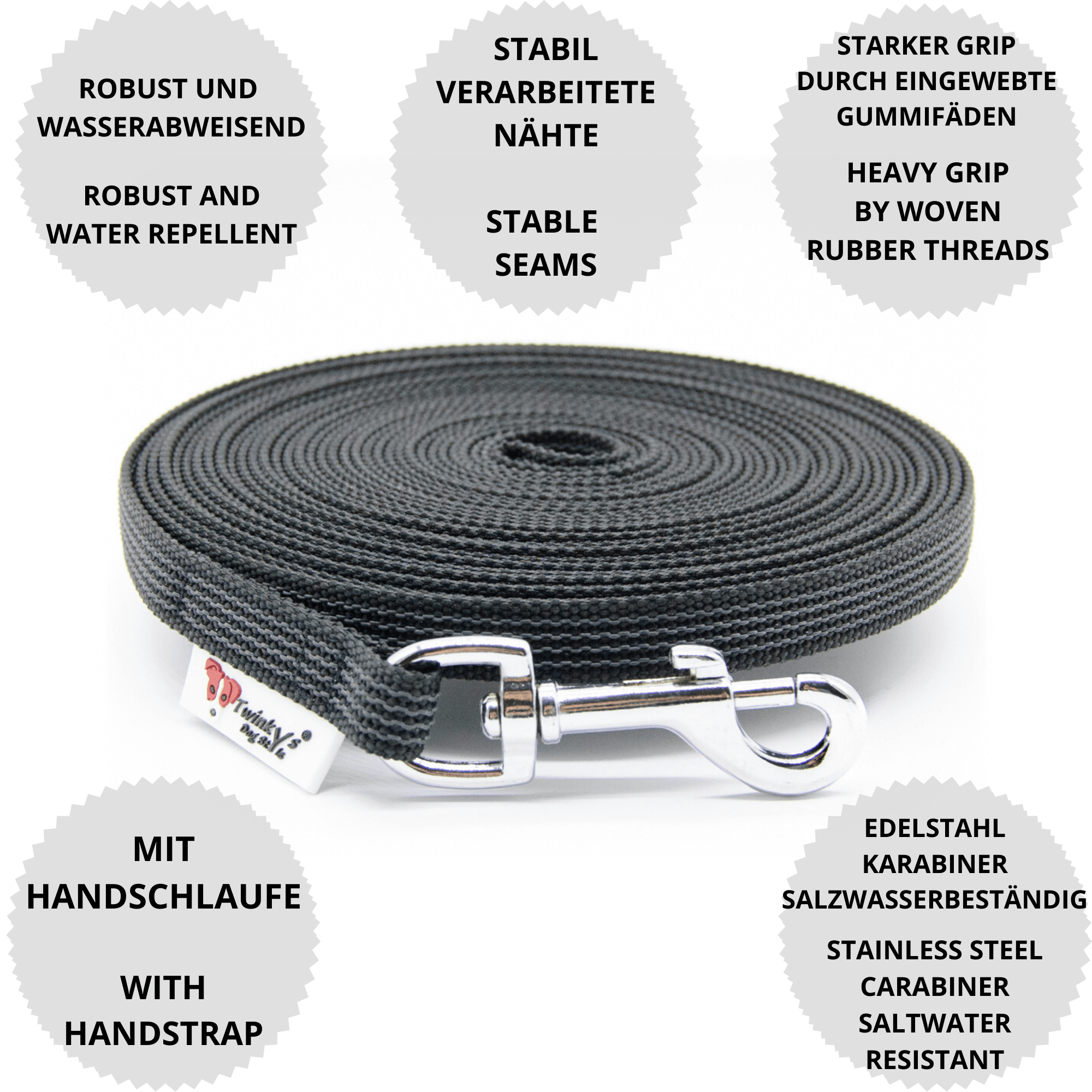 Vorteile Twinkys Dog Style Schleppleine schwarz gummiert mit Edelstahlkarabiner und Handschlaufe Schwarz gummierte Schleppleine liegt aufgerollt auf weißem Hintergrund. Drumherum sind Punkte mit Vorteilen dieser Schleppleine mit Edelstahlkarabiner und Handschlaufe zu sehen.