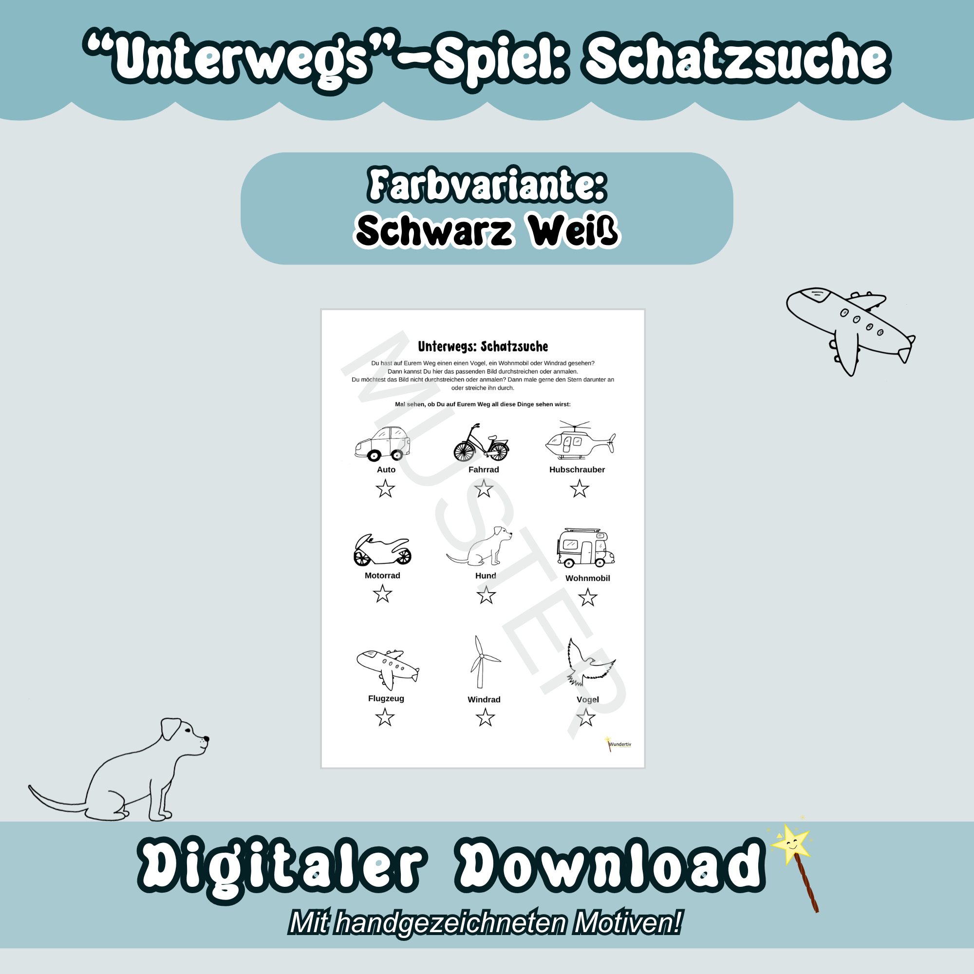 Musterbild zum Spiel "Schatzsuche" in Schwarz Weiß: Der Spielbogen ist hier auf blauem Hintergrund zu sehen. Überschrift "Unterwegs-Spiel: Schatzsuche". Unten steht "Digitaler Download".