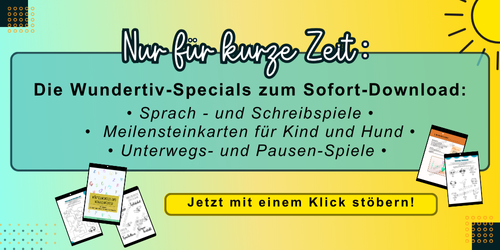 Mobile Version: Sommer-Specials 2025 | Kreative Familienangebote von Wundertiv Mobile Version: Banner mit Text zu den Sommer-Specials 2025 von Wundertiv: Sprach- und Schreibspiele, Meilensteinkarten für Kind und Hund, Unterwegs- und Pausenspiele zum Sofort-Download. Inklusive Vorschaubilder auf Handybildschirmen, welche einige der P