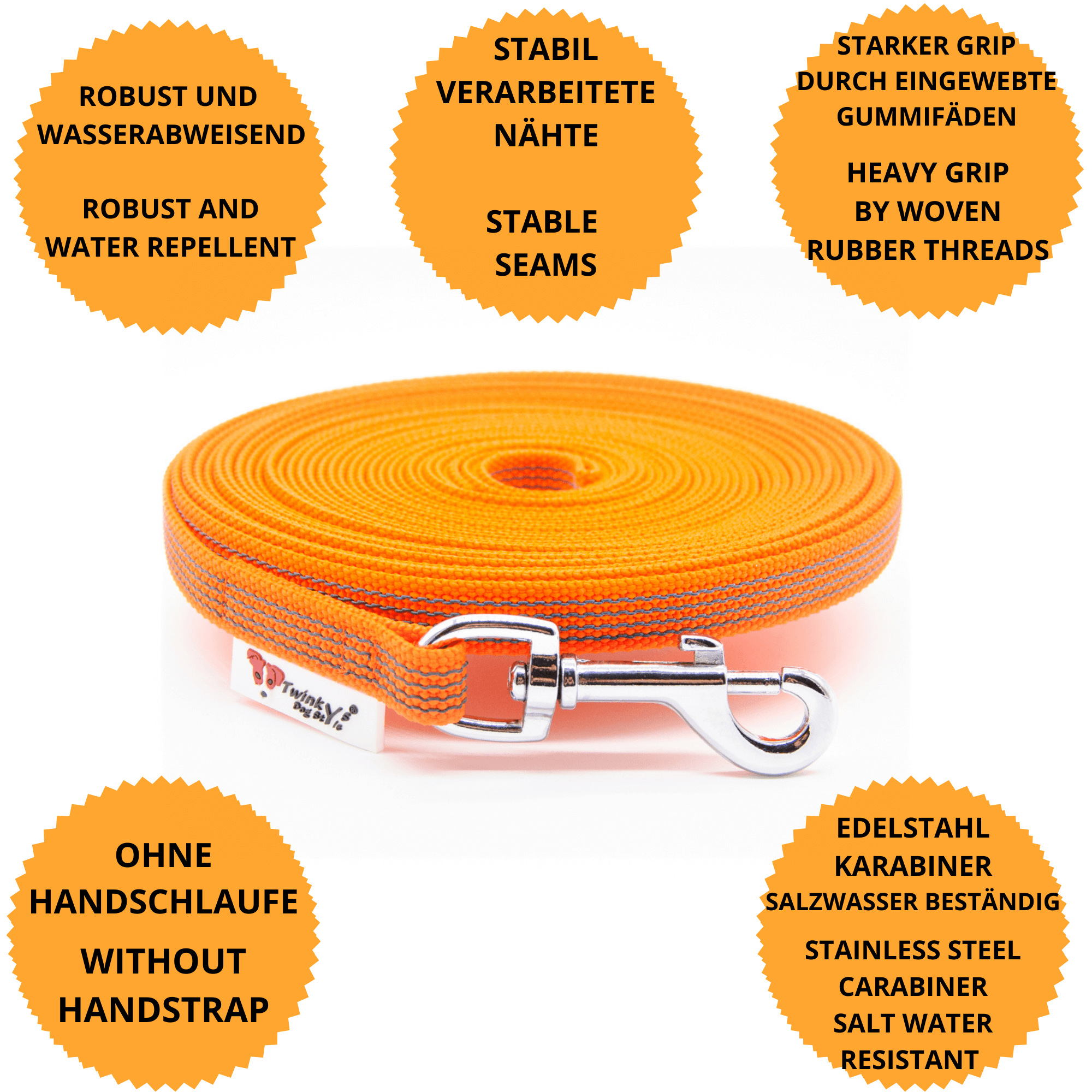 Orange gummierte 15 mm breite Schleppleine liegt aufgerollt auf weißem Hintergrund. Drumherum sind Punkte mit Vorteilen dieser Schleppleine mit Edelstahlkarabiner, ohne Handschlaufe