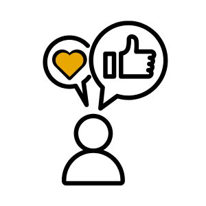 Icon für das Beratungs- und Begleitangebot von Wundertiv, Mira Dahm - Symbolbild für Selbstvertrauen, Selbstwert und Selbstliebe Grafik eines Männchens mit einem Herz und einem Daumen nach Oben, die in jeweils einer Sprechblase von seinem Kopf weggehen.