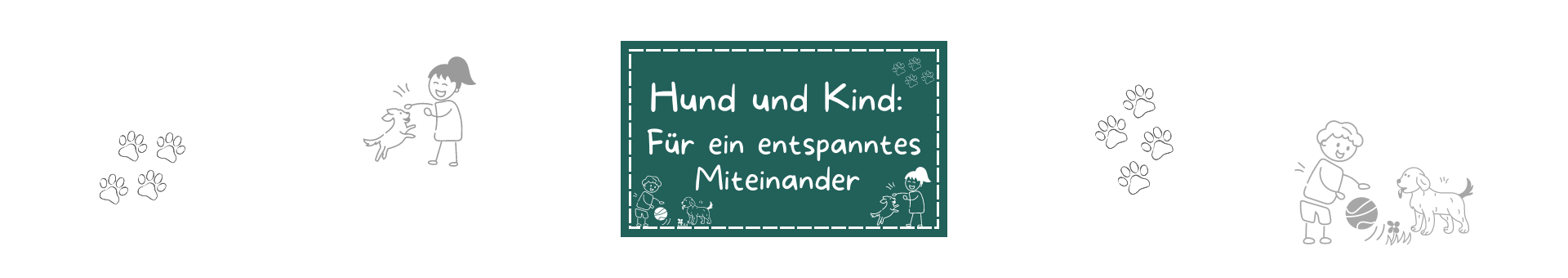 Titelbild vom Datenbankeintrag zum Onlinekurs Kind und Hund - Für ein entspanntes Miteinander Dunkel-Türkis Rechteckt mit gestrichelter weißer Umrandung etwas vom Rand entfernt. Darauf mit weißer Schrift "Kind und Hund - Für ein entspanntes Miteinander". Drumherum Symbole die zu diesem Onlinekurs für Eltern passen.