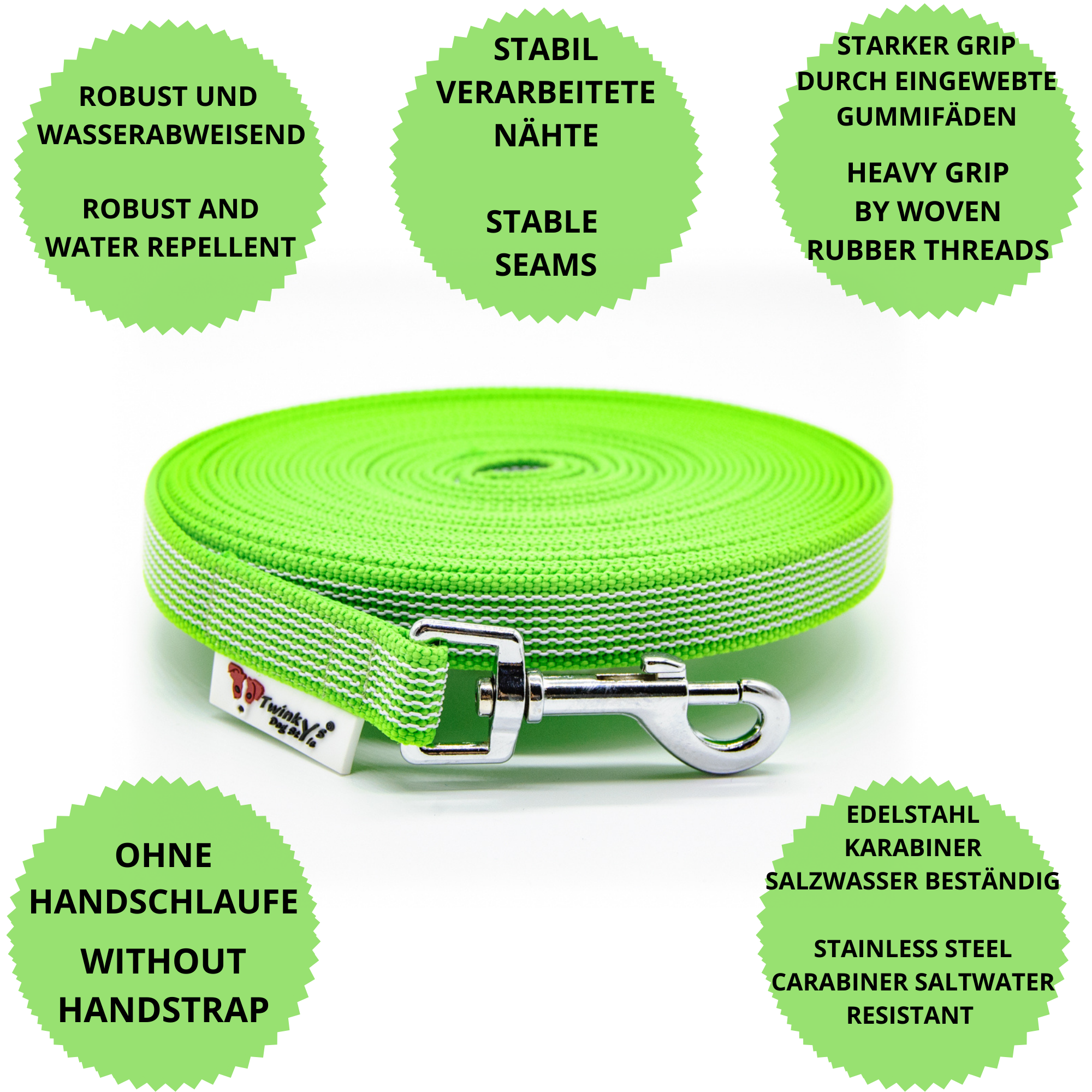 Vorteile Twinkys Dog Style Schleppleine hellgrün gummiert mit Edelstahlkarabiner und ohne Handschlaufe Hellgrüne gummierte Schleppleine liegt aufgerollt auf weißem Hintergrund. Drumherum sind Punkte mit Vorteilen von hellgrüner gummierten Schleppleine mit Edelstahlkarabiner ohne Handschlaufe
