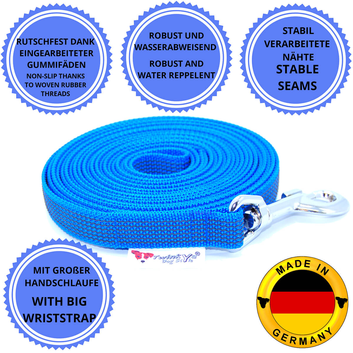 Vorteile Twinkys Dog Style Schleppleine blau gummiert mit Zinkdruckgusskarabiner und Handschlaufe Blau gummierte Schleppleine liegt aufgerollt auf weißem Hintergrund. Drumherum sind Punkte mit Vorteilen von blau gummierten Schleppleine mit Zinkdruckgusskarabiner und Handschlaufe