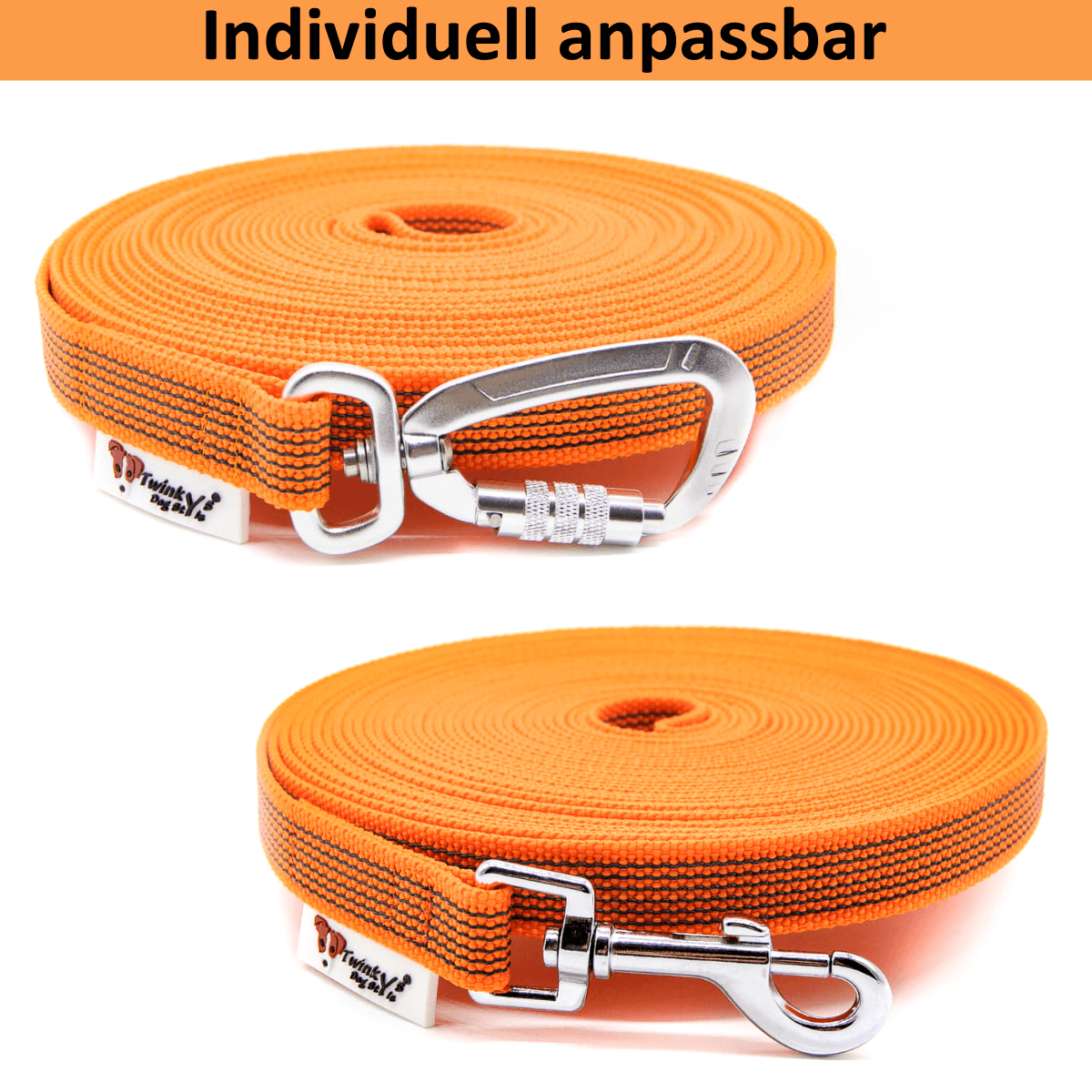 Titelbild der orange gummierten 20 mm Schleppleine von Twinkys Dog Style Zwei orange gummierte Schleppleinen liegen aufgerollt auf weißem Hintergrund. Die Obere mit einem Sicherheitskarabiner, die untere mit einem Edelstahlkarabiner oder Zinkdruckgusskarabiner. Darüber steht Schwarz auf orangenem Balken Individuell anpassbar