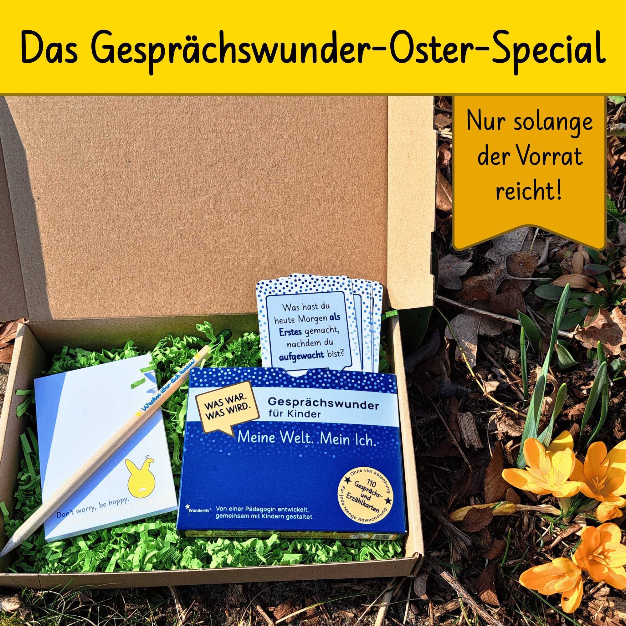 Das Gesprächswunder Oster-Special in der Frühlingssonne Geöffnete Versandbox auf Waldboden neben gelben Krokussen. Inhalt: Gesprächswunder-Set, Notizblock und Bleistift auf grünem Gras. Gelber Banner: „Das Gesprächswunder-Oster-Special – Nur solange der Vorrat reicht!“.