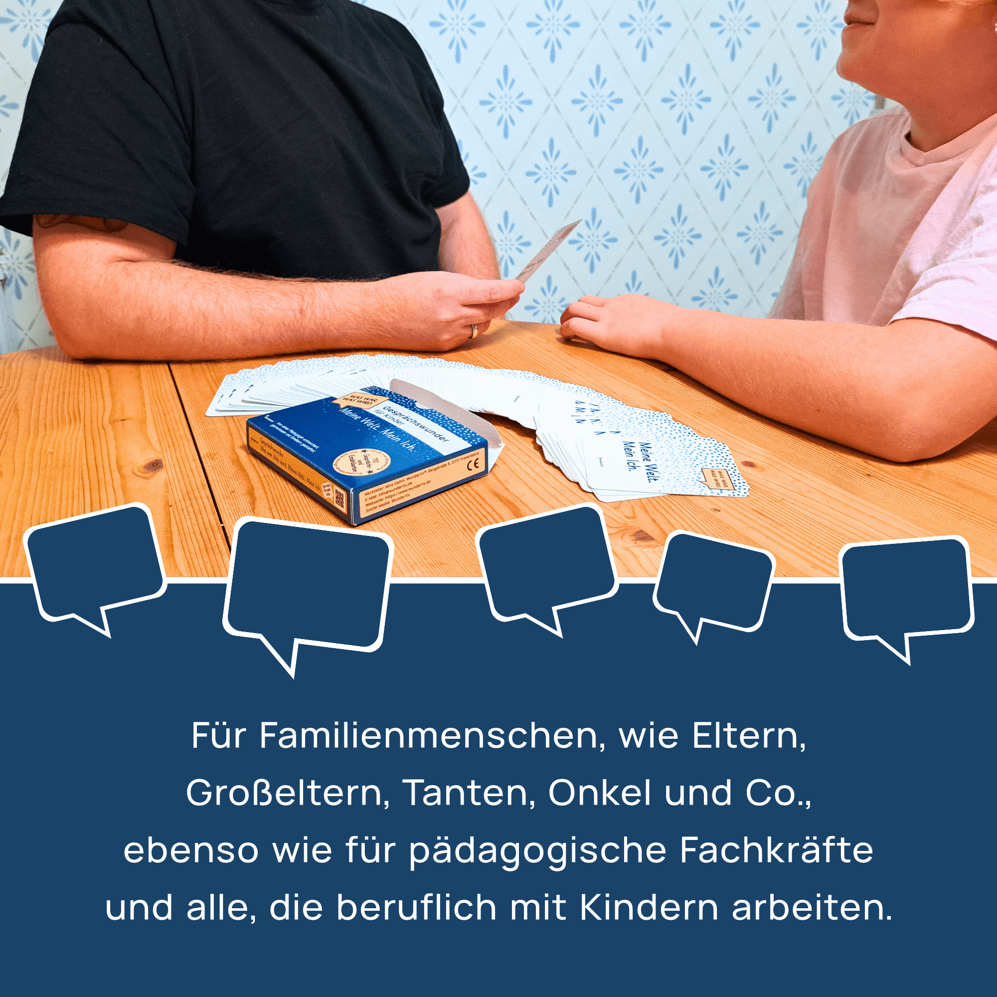 Beschreibung der Zielgruppe: Familien und Pädagogen für Gespräche mit Kindern | Gesprächswunder "Was war. Was wird. Meine Welt. Mein Ich." Ein Erwachsener und ein Kind spielen mit den Gesprächskarten. Die Grafik richtet sich an Familien (Eltern, Großeltern etc.) sowie an pädagogische Fachkräfte und alle, die beruflich mit Kindern arbeiten, um Gespräche zu fördern.