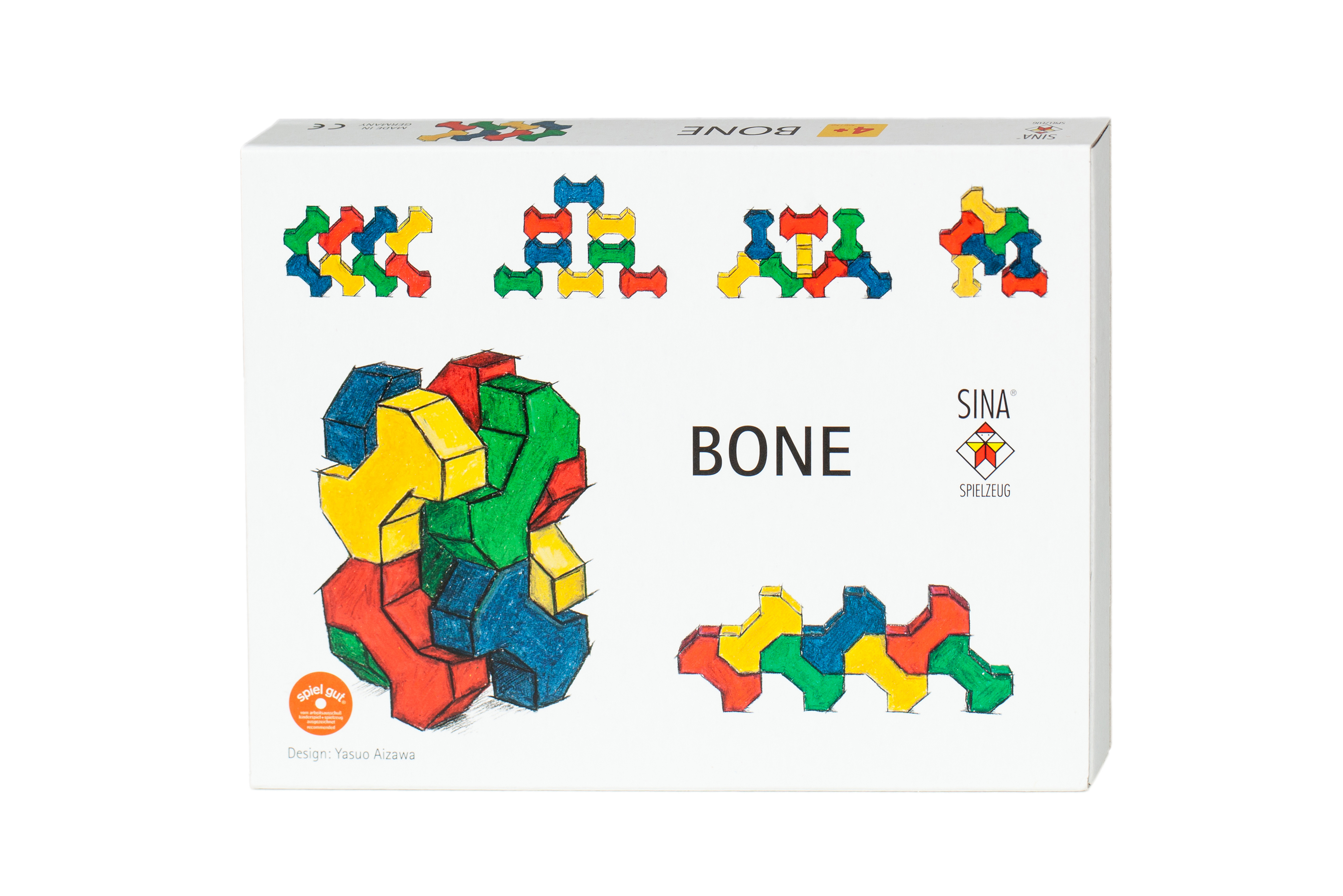 Verpackung der Bone Holzbausteine auf weißem Hintergrund