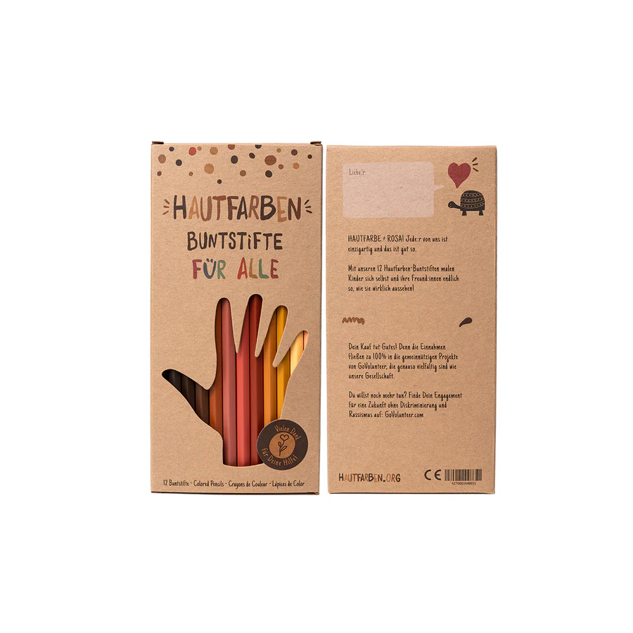 Verpackung der Hautfarben Buntstifte von Hinten und Vorne auf weißem Hintergrund