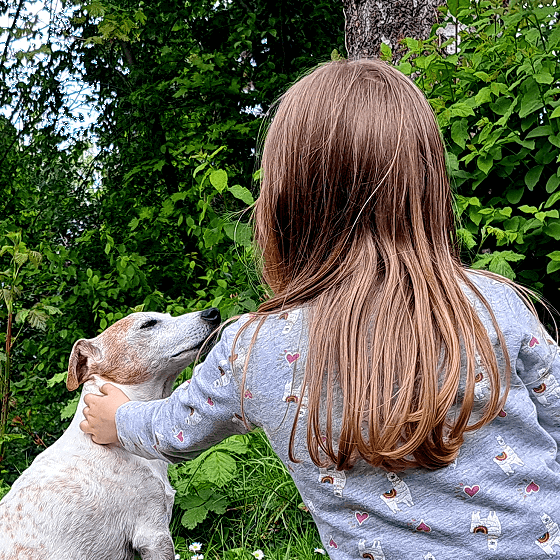 Ein Kind streichelt einen Hund. Der Hund schaut das Kind an.