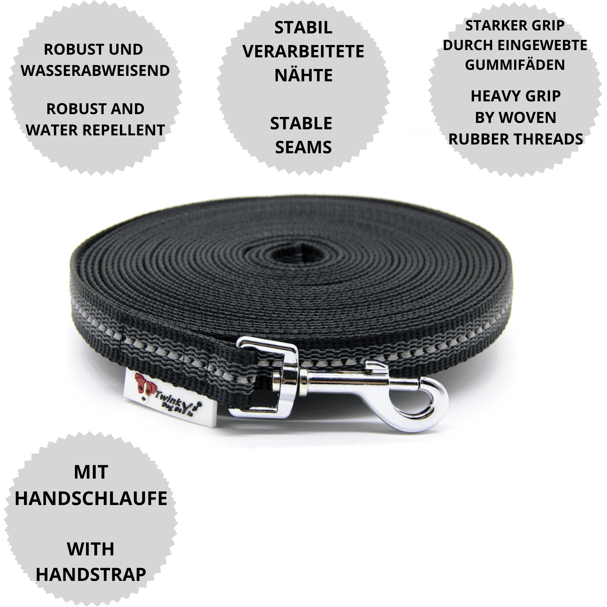 Vorteile Twinkys Dog Style Schleppleine schwarz reflektierend gummiert mit Zinkdruckgusskarabiner und Handschlaufe Schwarz reflektierend gummierte Schleppleine liegt aufgerollt auf weißem Hintergrund. Drumherum sind Punkte mit Vorteilen von dieser Schleppleine mit Zinkdruckgusskarabiner und Handschlaufe