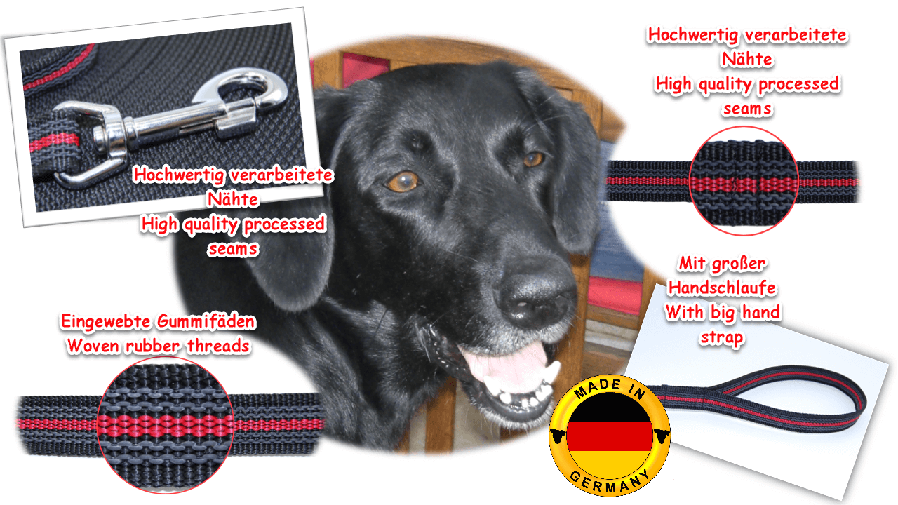 Vorteile Twinkys Dog Style Schleppleine schwarz rot mit Handschlaufe Bild von schwarzem Hund in der Mitte. Um ihn herum Auflistung von Bildern und Schrift mit Vorteilen von schwarz roten Schleppleine mit Handschlaufe