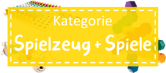 Kategoriebild Spielzeug und Spiele Ein leicht transparenter orange-gelber Kasten auf dem mit weißer Schrift "Kategorie Spielzeug und Spiele" steht. Im Hintergrund sind eine Ziehraupe und ein Steckspiel zu sehen.