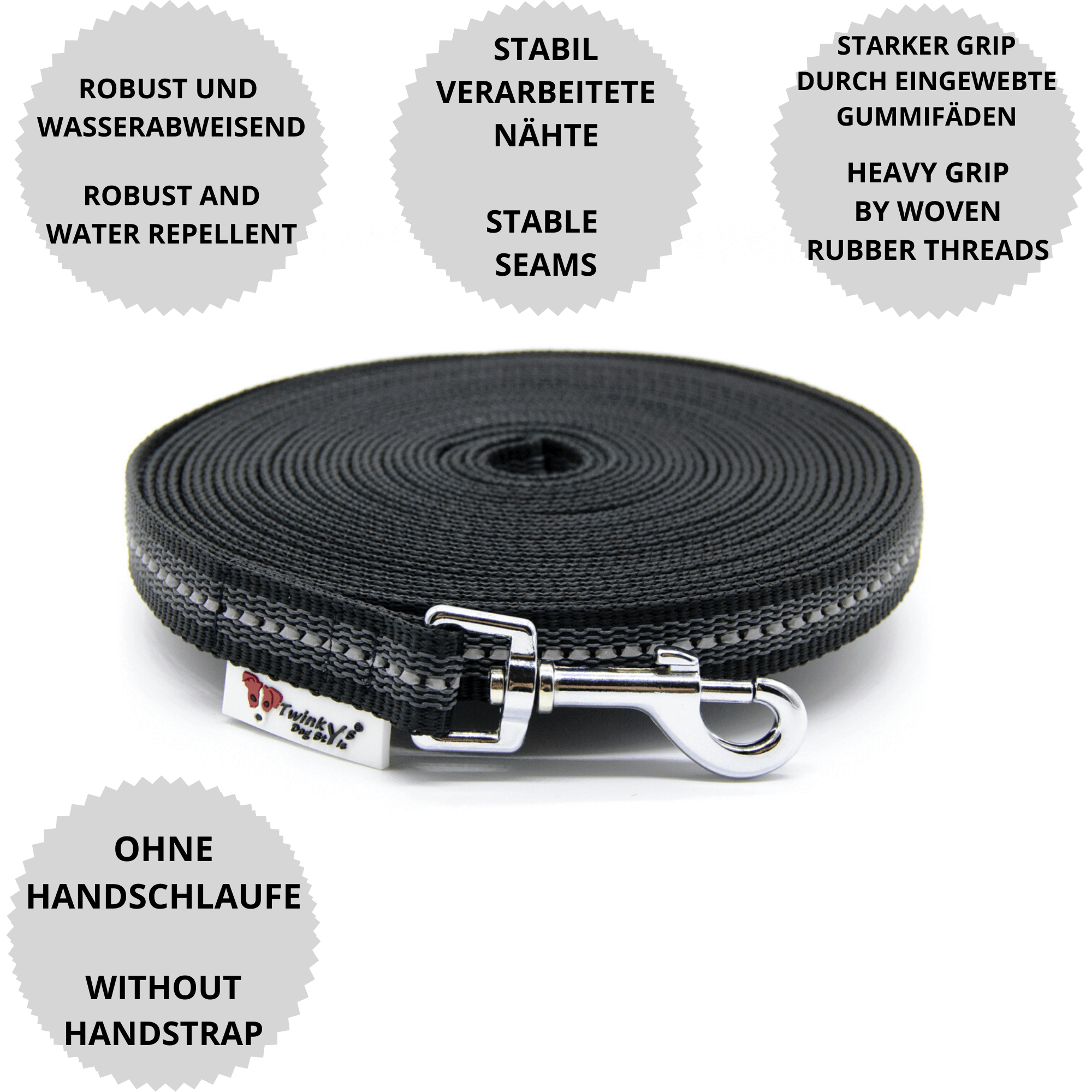 Vorteile Twinkys Dog Style Schleppleine schwarz reflektierend gummiert mit Zinkdruckgusskarabiner, ohne Handschlaufe Schwarz reflektierend gummierte Schleppleine liegt aufgerollt auf weißem Hintergrund. Drumherum sind Punkte mit Vorteilen von dieser Schleppleine mit Zinkdruckgusskarabiner, ohne Handschlaufe